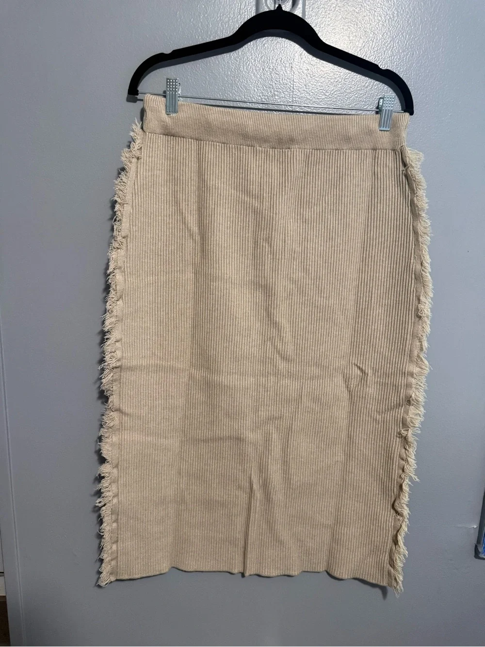 Heyson Beige Ribbed Fringe Midi Skirt